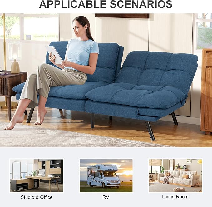 Vipbear Futon Sofa Bed Couch, 71" Convertible Sofa Bed, Space-Saving Loveseat with Adjustable Backrest & Armrest for Living Room,Apartment,Office,Blue Sleeper Sofa