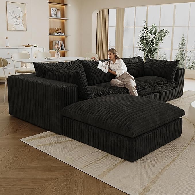 118.2" L Shaped Modular Sectional Cloud Couch with Ottoman, Plush Corduroy Upholstered Compression Sofa, 4-Seat Deep Seat Boneless Sofa Couches with Throw Pillow