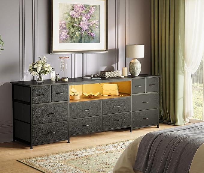 Huuger 63 Inch Dresser TV Stand with LED Lights, Power Outlets and USB-C Port, 12 Fabric Drawer Dresser for Bedroom, Wide Entertainment Center for 65, 70 Inch TV, Open Shelf, Black
