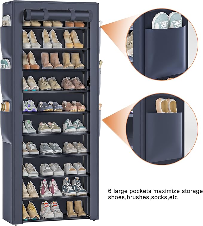 Shoes Rack 10 Tier Tall Shoe Rack with Storage Pockets, Fabric Covered Shoe Racks,Metal Shoes Rack Organizer for Closets,Bedroom, Garage