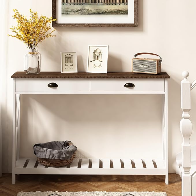 ChooChoo 47" Farmhouse Console Table with Drawer for Entryway, Narrow Long Entry Table with Shelf for Living Room, Rustic Vintage Hallway Sofa Table with Stable X Supports, White