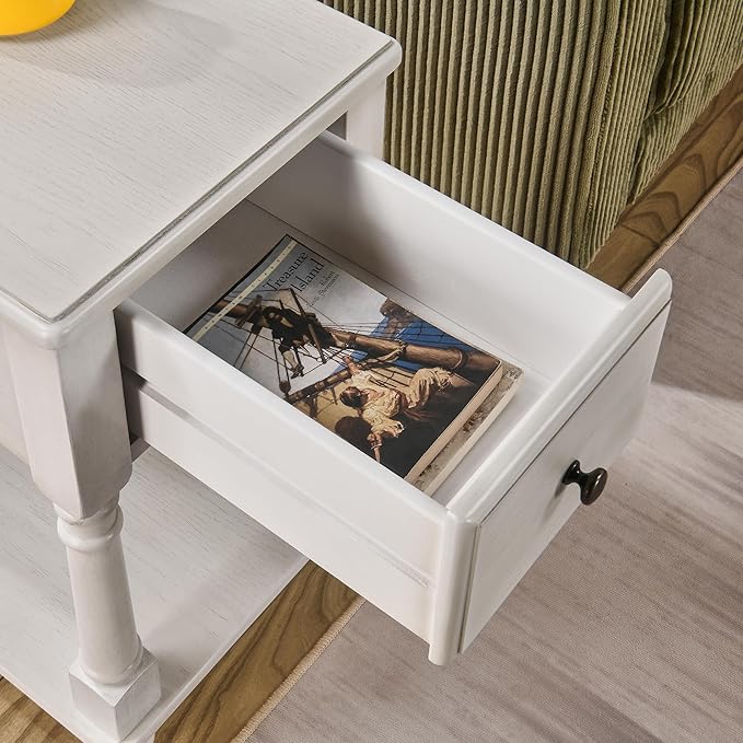 LEEMTORIG Set of 2 Solid Wood End Table Narrow Side Table with Drawer, Cherry Wood End Table Living Room, 13" W Slim Small Nightstand, 22" D x 22.3" H, No-Tools Assembly, Gray White BBJ-004-RW