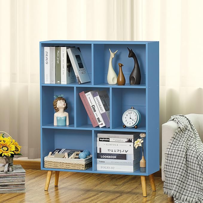 YAHARBO 7 Cube Bookshelf, Blue Kids Book Shelf with Cubby Storage,Wooden Modern Bookcase with Legs,3 Tier Freestanding Display Book Case,Children Toy Organizer,Bookshelves for Office,Nursery,Playroom