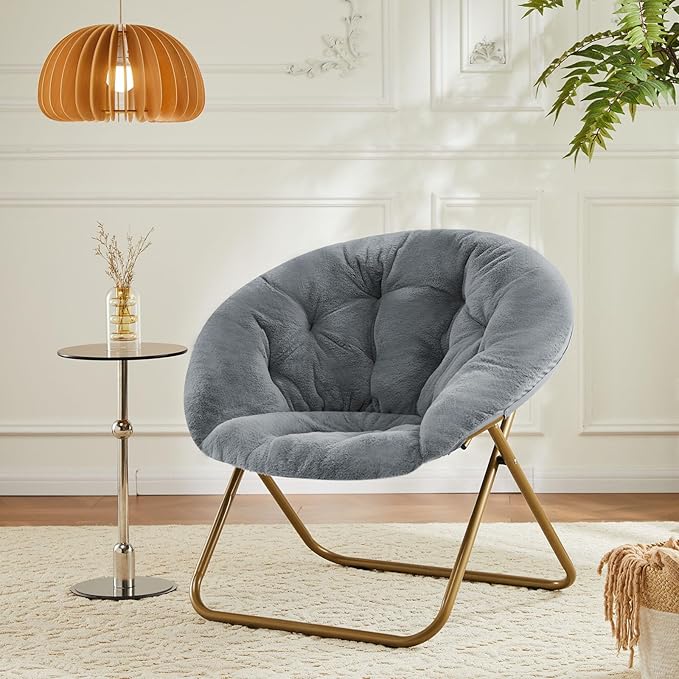 Saucer Chair Faux Fur with Soft and Thick Padded Seat Metal Frame, Modern Style Folding Cozy Chair for Bedroom, Living Room,XL, Grey