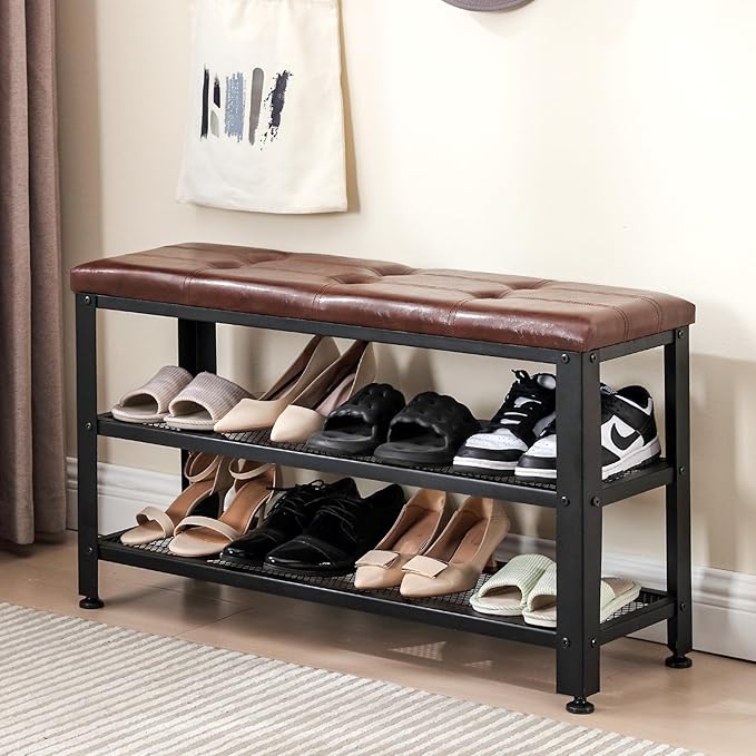 Apicizon 35.5" Shoe Rack Bench, 3-Tier Entryway Bench, with Leather Seat and Metal Frame, Loads 300 lb, Suitable for Living Room, Hallway, Mudroom, Doorway, Rustic Brown