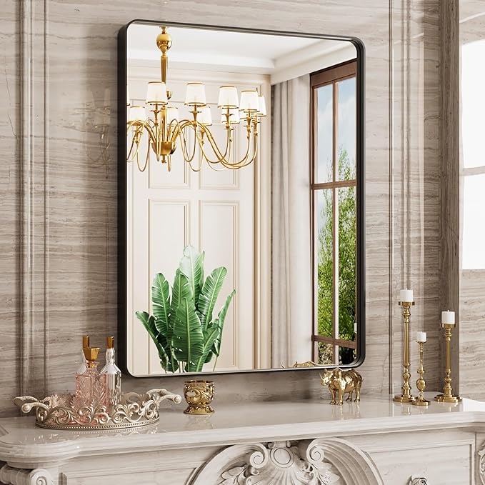 Black Bathroom Mirror 24X36 Inch, Black Metal Framed Mirror for Wall, Rounded Rectangle Matte Bathroom Vanity Mirror with Tempered Glass, Anti-Rust, Horizontal/Vertical