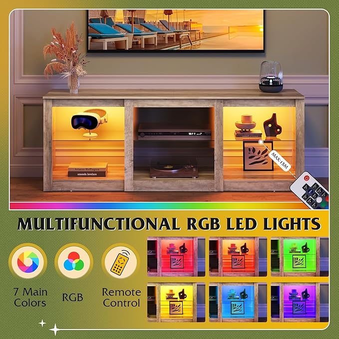 WLIVE LED TV Stand for 65 Inch TV, Modern Entertainment Center with Adjustable Glass Shelves & Customizable LED Lights, Sturdy Media Console for Living Room, Bedroom,Gaming (Gray Oak)