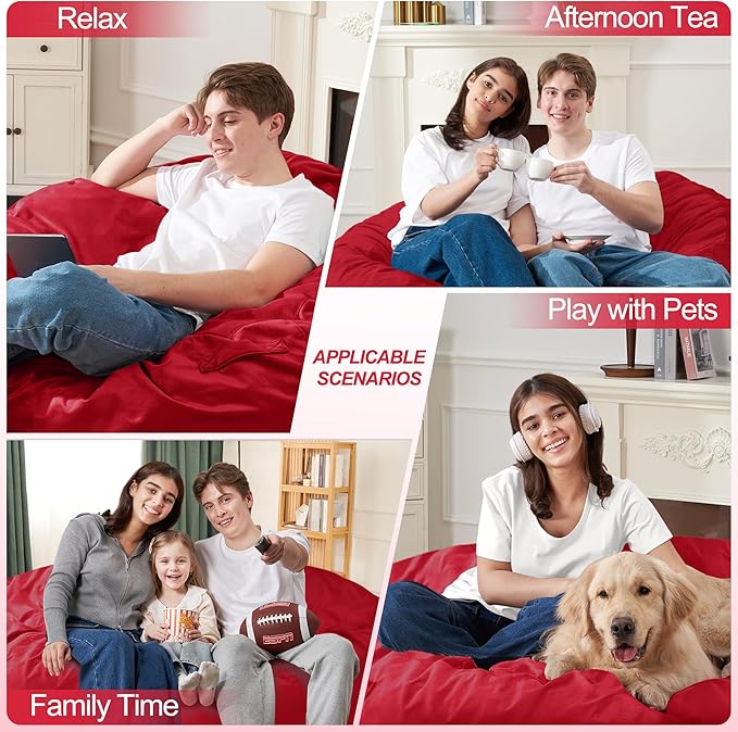 Homguava 4 FT Bean Bag Chair: 4' Bean Bags with Memory Foam Filled, Large Beanbag Chairs Soft Sofa with Dutch Velvet Cover-Red