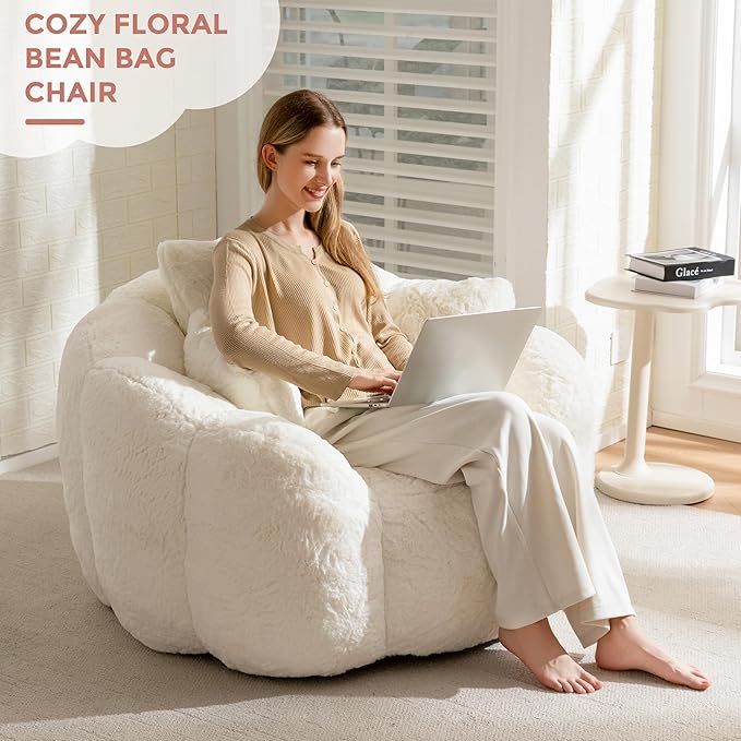 MAXYOYO Bean Bag Chair with 3 Pillows, Oversized Floral Shaped Bean Bag Sofa for Adults, Ultra Soft Faux Fur Floor Sofa, Large Stuffed Reading Chair for Living Room Bedroom, Beige