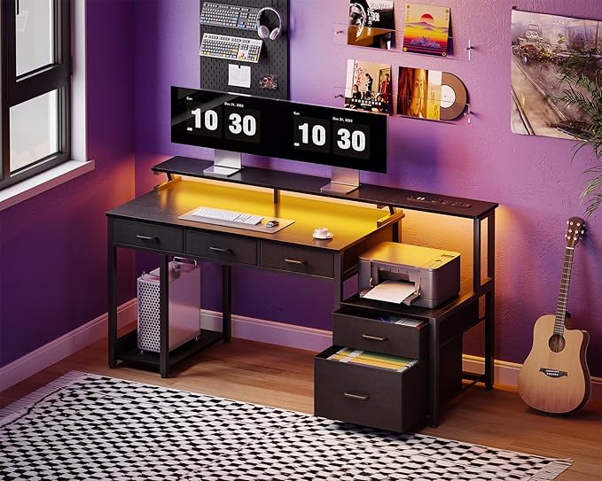 AODK 55 Inch Computer Desk with 3 Drawers and File Cabinet for Storage, Office Desk with Monitor Stand and LED Lights, Home Office Desks, Black