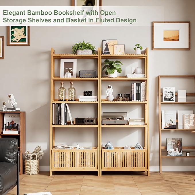 Bamjoy Bamboo Ladder Shelf, Bookshelf with 4 Display Shelves and 1 Open Storage Basket, Multifunctional Storage Rack Organizer for Home Office, Bedroom, Living Room, 66” H Natural