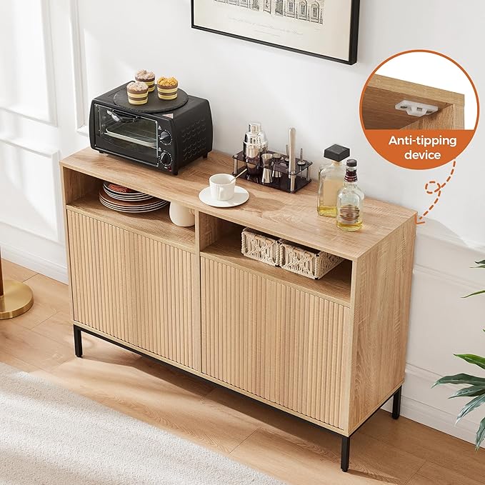 Farmhouse Buffet Sideboard Cabinet with Storage, Fluted Natural Coffee Bar Station Table with Doors and Adjustable Shelves, Modern Wood Cupboard for Kitchen