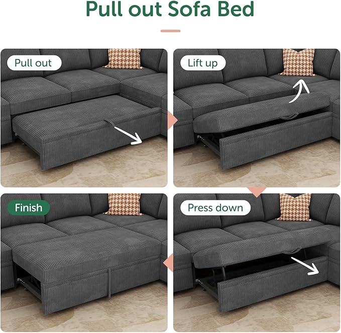 HONBAY Modular Sectional Sleeper Sofa Bed, Corduroy Pull Out Couch with Storage Ottoman, U Shaped Sectional Couches for Living Room, Dark Grey