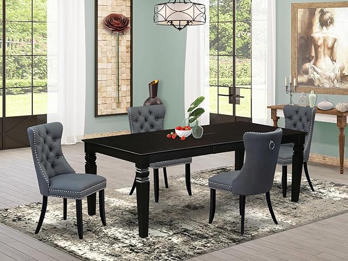 East West Furniture LGDA5-BLK-13 5 Piece Dining Table Set Contains a Rectangle Wooden Table with Butterfly Leaf and 4 Polyester Fabric Upholstered Chairs, 42x84 Inch, Black