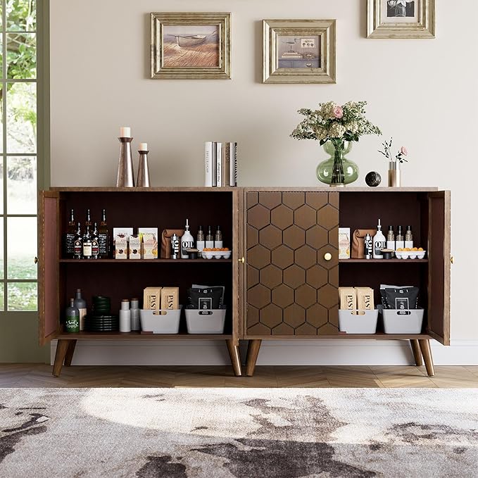 COSIEST Set of 2 32" Storage Sideboards with Doors, Accent Cabinets with Magnetic Push-to-Open Doors, Brown Honeycomb Pattern, Entryway Console for Living Room, Kitchen, Hallway