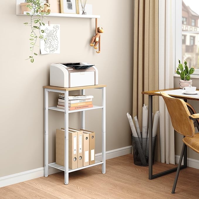 Hoctieon 2-Set 3 Tier End Table, Telephone Table Set of 2, Tall Side Table with Storage Set of 2, Small Nightstand for Small Spaces, Metal Frame, White and Yellow Oak