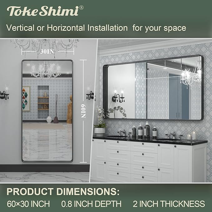 TokeShimi Black Bathroom Mirror for Wall Vanity Mirror with Non-Rusting Aluminum Alloy Brushed Matte Metal Frame for Modern Minimalist Farmhouse Home Decor (Horizontal/Vertical) (60 x 30 Inch)
