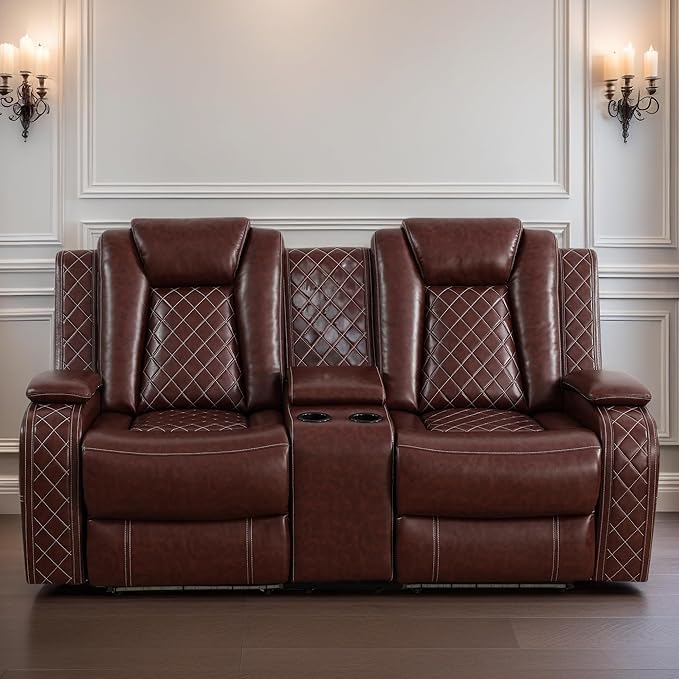 Loveseat Recliner Sofa, Reclining Loveseat Leather Couch with Storage Console, Modern Comfy Home Theater Seating Power Recliner Chair with Cup Holders for Living Room Furniture Sets, Red