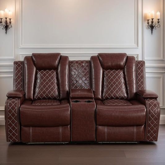 Loveseat Recliner Sofa, Reclining Loveseat Leather Couch with Storage Console, Modern Comfy Home Theater Seating Power Recliner Chair with Cup Holders for Living Room Furniture Sets, Red