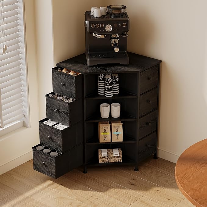 LUMTOK 8 Drawers Corner Dresser with Storage Fabric Drawers and Open Shelves for Small Space，Bedroom，Entryway，Living Room (Black Wood Veins)