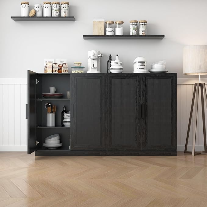 Buffet Cabinet, 2-Doors Sideboard Cabinet with Rattan Panels, Buffet Console Accent Table for Hallway Entryway Dining Room, 36", Black