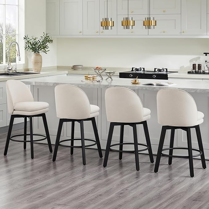 Counter Height Barstools 26 inch Upholstered Swivel Bar Stools with Back and Wood Legs for Kitchen Island,Set of 3,Beige Fabric-Armless