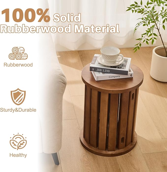 CozyDH 4-in-1 Nesting Side Tables, Stackable Stools Set of 4, Wooden Round End Table with Wheels, Small Coffee Table Nightstand for Bedroom Living Room, Walnut