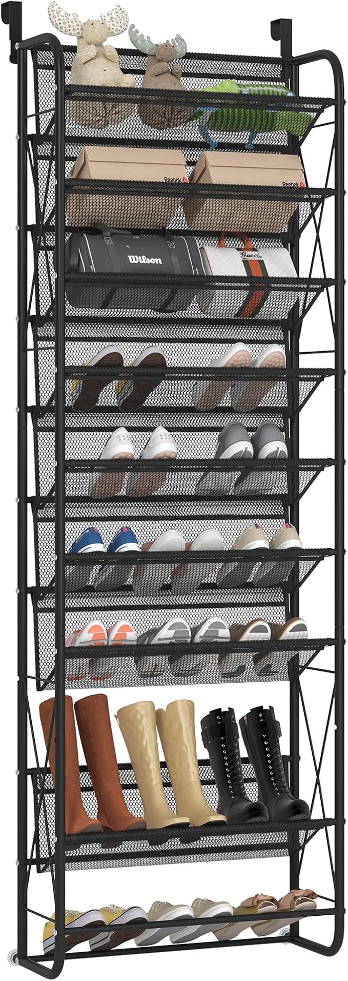 JSB 10 Tier Shoe rack Mesh fabric Over The Door Shoe Organizer X-structure Trouser hangers Closet Pantry Hanging Shoe Clothes Toys Storage Shelves (Black, 10 Tier)