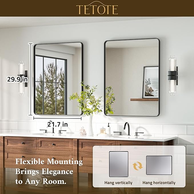 TETOTE Black Bathroom Mirror 22 x 30 Matte Black Metal Framed Vanity Mirror, Tempered Glass, Wall Mounted for Bathroom, Entryway, Bedroom, Living Room(Horizontal/Vertical)