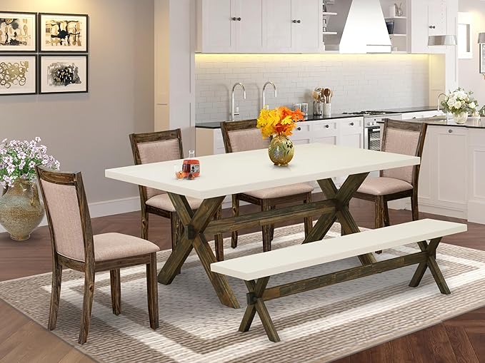 East West Furniture X727MZ716-6 6 Piece Dinette Set Contains a Rectangle Dining Table with X-Legs and 4 Dark Khaki Linen Fabric Parson Chairs with a Bench, 40x72 Inch, Multi-Color