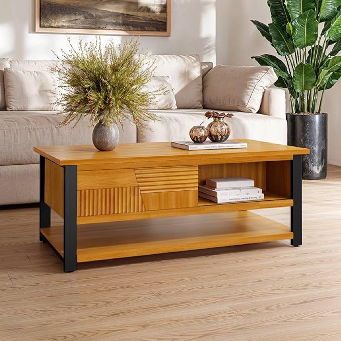 Bme Trapeze Coffee Table for Living Room – Modern Wooden Center Table with Storage, Metal Legs, Large Teak Brown Coffee Table for Stylish Living Room Furniture Setup
