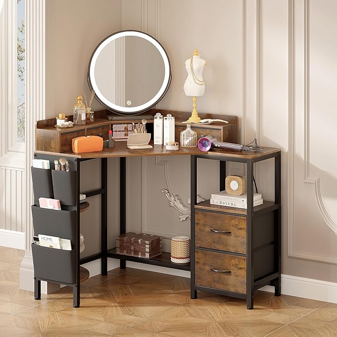 Corner Desk with 6 Fabric Drawers Shelves for Small Space Computer Desk with Power Outlets,Gaming Desk with Printer Monitor Stand Storage for Home Office Workstation Writing Table Brown