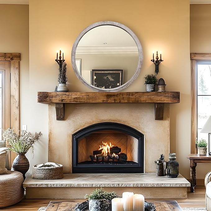 35" Round Wood Mirror, Large Wooden Round Mirror, Wood Round Mirrors for Wall Decor, Rustic Circle Wall Mirrors for Entryway, Living Room, White Washed Frame