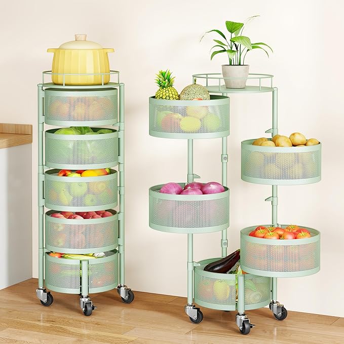 SAYZH Fruit Vegetable Basket for Kitchen, Rotating Storage Rack, 5 Tier Rolling Cart with top lid, Large Metal Wire Basket for for Potato Onion Snack, Black (Green)