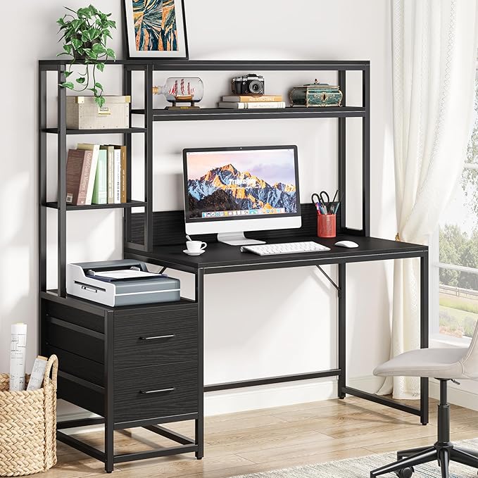 Tribesigns 55 Inch Computer Desk with 2 Drawers and Storage Shelves, Rustic Office Desk with Hutch, Study Writing Gaming Table Laptop Workstation for Home Office (Black)