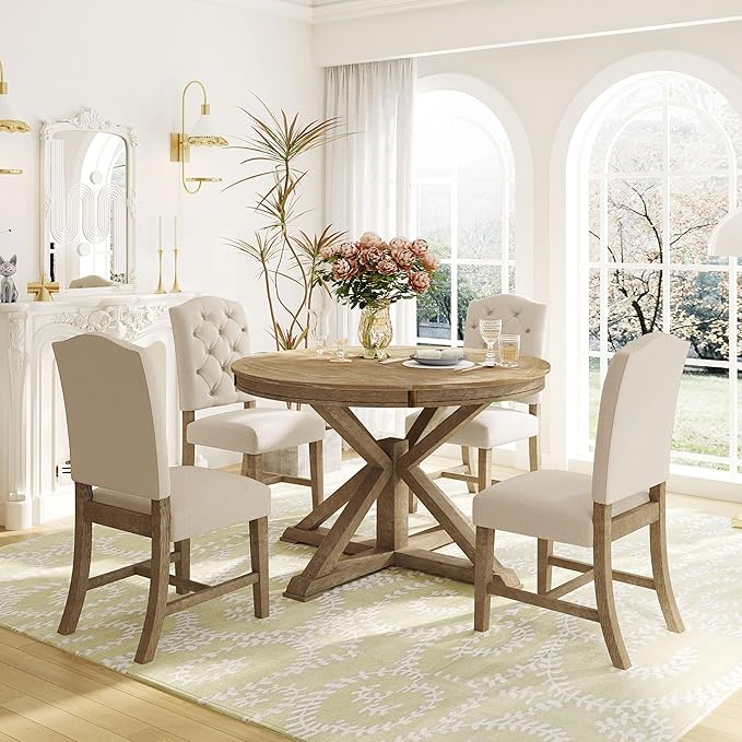 SogesPower 5-Piece Round Farmhouse Retro Dining Table Set for 4, Space-Saving Kitchen Table Set with Extendable Table and 4 Upholstered Chairs for Dining Room Living Room,Natural Wood