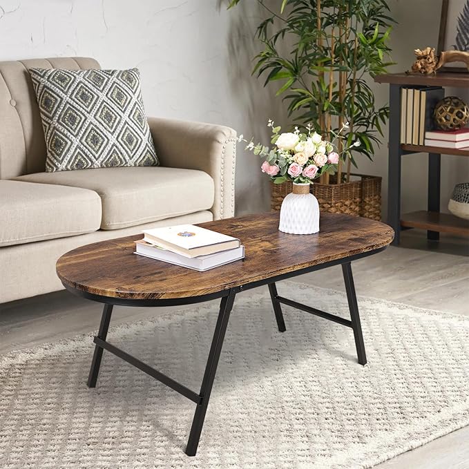 Folding Coffee Table for Living Room Industrial Brown Small Low Table Wooden Foldable Coffee Tables Oval Floor Desk Table for Small Spaces Home Office
