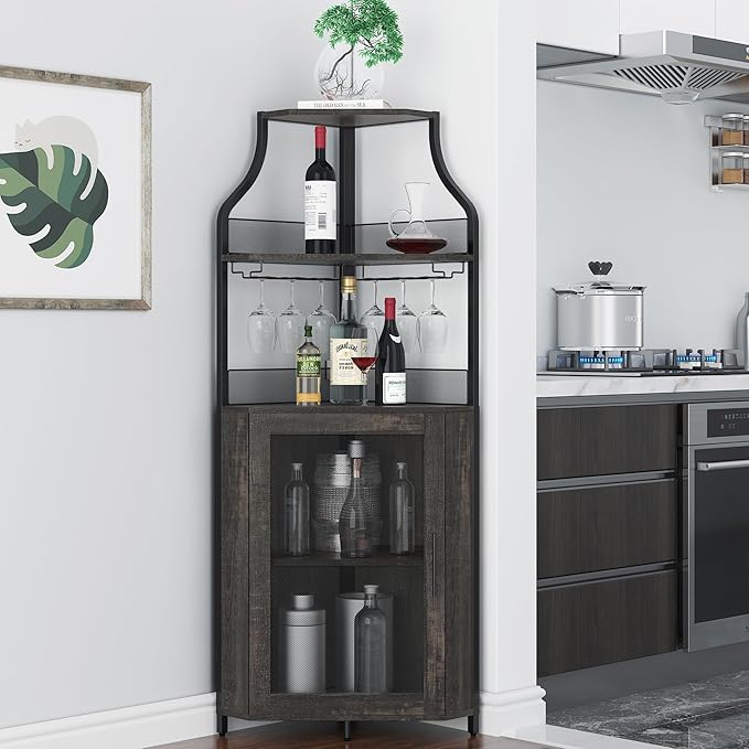 GAOMON Rustic Modern Corner Wine Cabinet, 5-Tiers Liquor Cabinet with Glass Holder, Industrial Bar Cabinet for Home, Dark Rustic Oak, 13.4"D x 18.5"W x 61"H