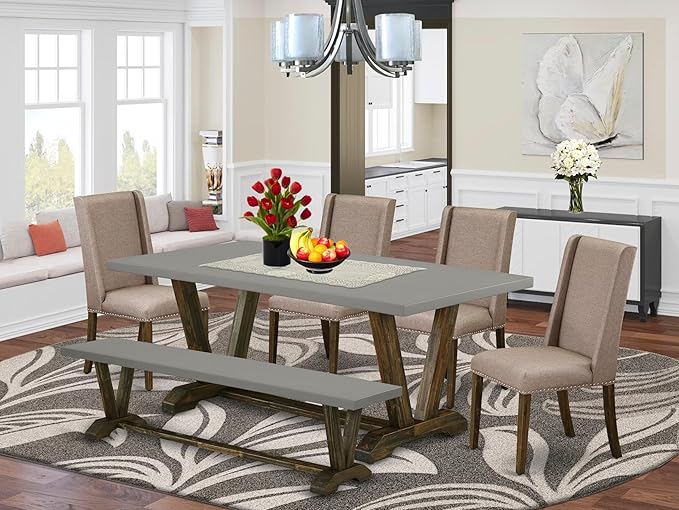 East West Furniture V797FL716-6 6 Piece Dining Table Set Contains a Rectangle Dining Room Table with V-Legs and 4 Dark Khaki Linen Fabric Parson Chairs with a Bench, 40x72 Inch, Multi-Color