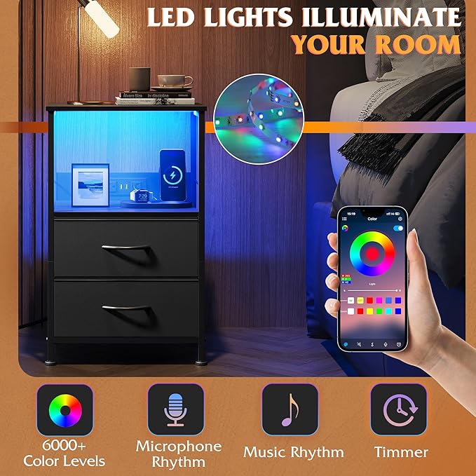 WLIVE LED Night Stand with Charging Station, Black Nightstand with 2 Fabric Drawers and Storage Shelf, Dorm Bedside Table End Table with 2 USB Ports and Outlets, Small Dresser for Bedroom, Living Room