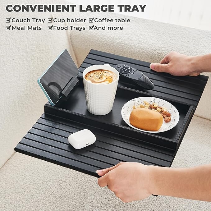 Bamboo Sofa Arm Tray, Anti Falling Couch Arm Tray Armrest Table with 360° Rotating Phone Holder, Foldable and Portable Sofa Armrest Trays Cup Holder for Drink,Cups, Phone, Snacks, Remote