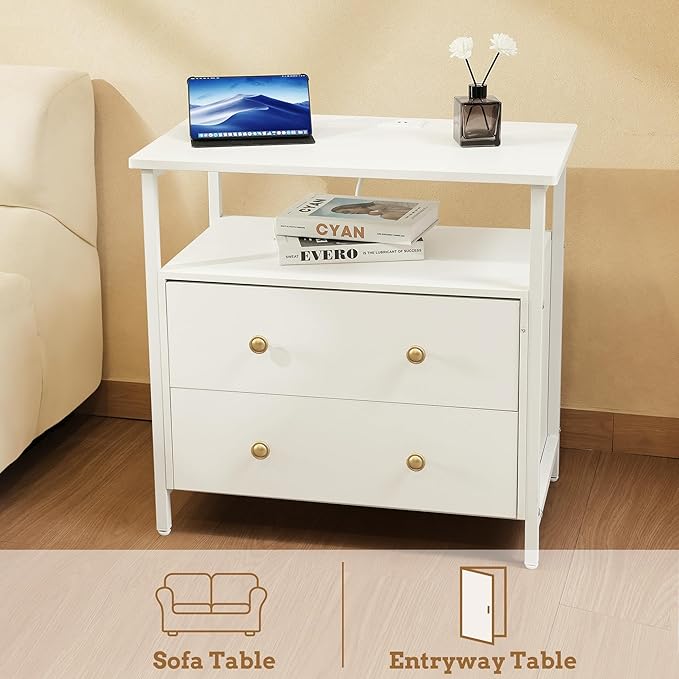 27 inch Wide Nightstand with Charging Station, Bedside Table with Open Shelf, 2 Drawers Small Wood Dresser, End Side Table for Bedroom (White)