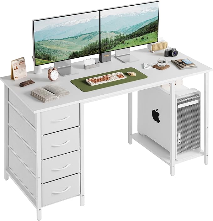 Computer Desk with 4 Drawers, 47 Inch Office Table with Storage, Gaming with CPU Shelves, Writing Desk Workstation for Home Office, Study, Bedroom, Work from Home, White