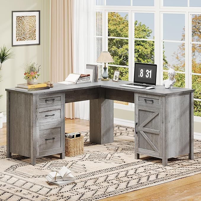 59” L Shaped Executive Desk with Power Outlets, Farmhouse Home Office Desk with Flie Drawer,Stroage Cabinet, Wood Corner Sturdy Writing Workstation.(Gray.