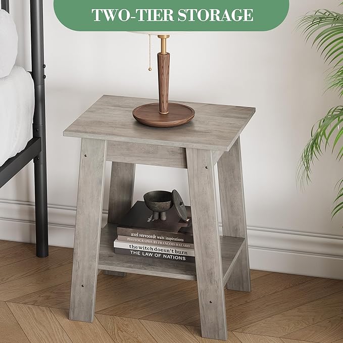 End Table with Double Storage Shelves, Small Space Side Table for Farmhouse Bedroom, Studio Apartment, Entryway, Grey
