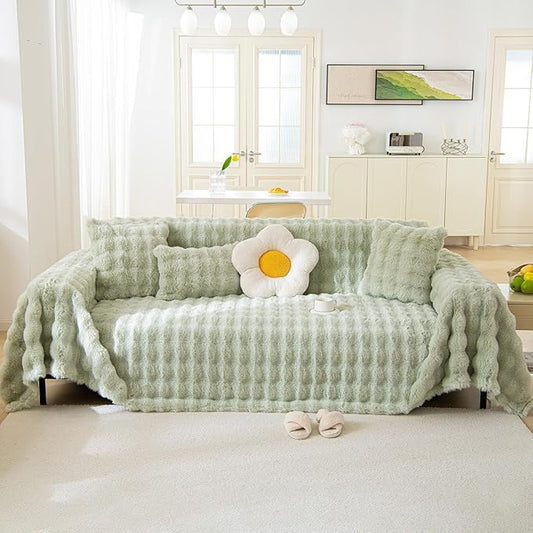VM VOUGEMARKET Soft Warm Faux Fur Sofa Cover Thick Shaggy Fuzzy Sectional Couch Cover Plush Furniture Protector Cover Fluffy Sofa Throw Cover for Couch Sofa Bed(Green,71" x 134")
