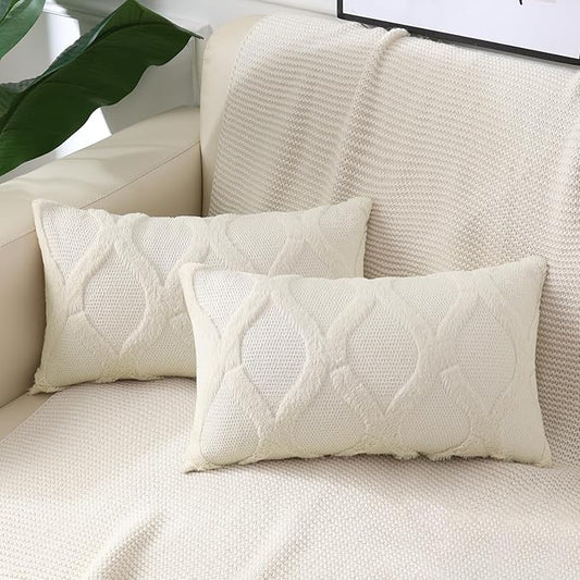 decorUhome Throw Pillow Covers 12x20 Inch Set of 2, Soft Plush Faux Fur Wool Lumbar Beige Couch Pillow Covers, Decorative Neutral Pillow Cases for Bed Sofa Living Room Home Decor