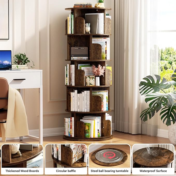 Aheaplus Rotating Bookshelf, 360 Display Wood Spinning Bookshelf Tower, 5 Tier Floor Standing Bookcase Storage Rack, Revolving Bookcase Corner Bookshelfs for Small Space, Study, Bed Room, Rustic Brown