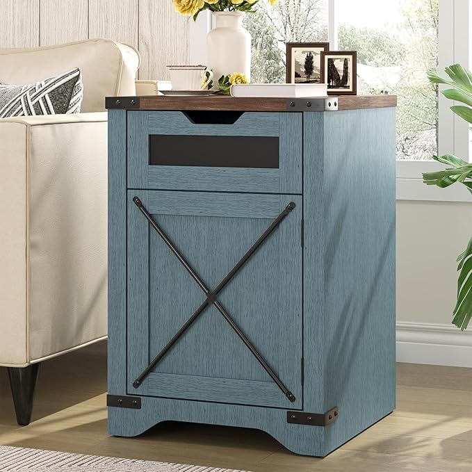Farmhouse End Table with Charging Station, 26.4" Tall Rustic Nightstand with Drawer and X Barn Door, Country Bedside Sofa Side Table for Living Room, Blue