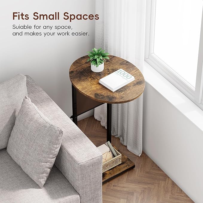 Vagusicc C Shaped End Table, Adjustable Height Small Side Table for Couch and Recliner, 32" Tall Couch Side Table Slide Under Sofa Tray Desk with Storage Bag for Living Room and Bedroom, Brown